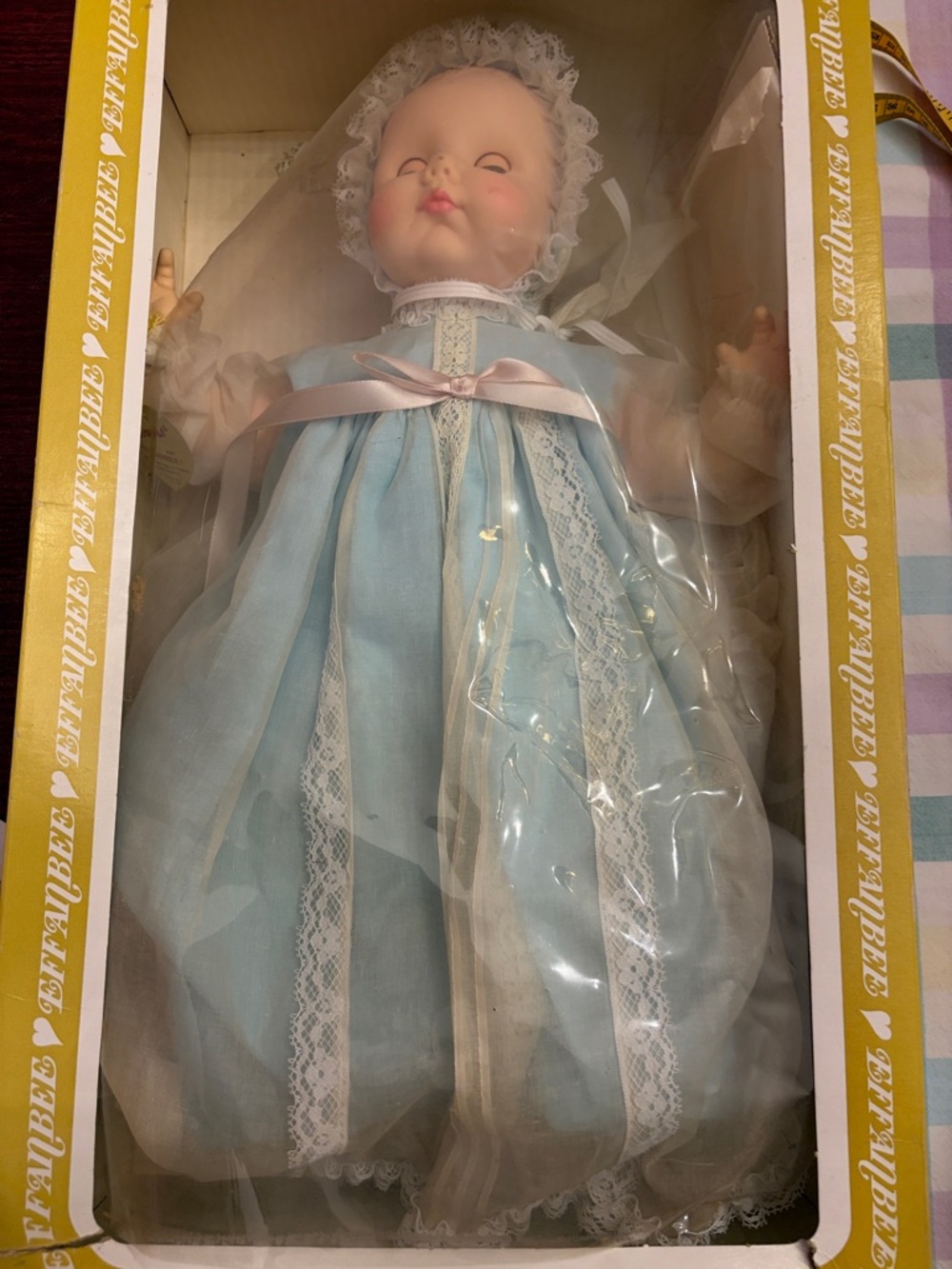 Vintage-Style Baby Doll in Blue Dress with Lace still in box